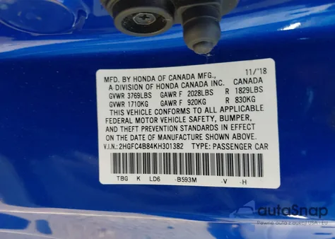 2019 Honda Civic Sport z USA, uszkodzony, nr VIN 2HGFC4B84KH301382